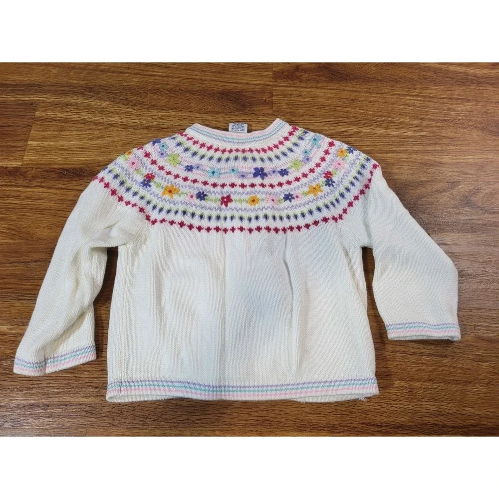Vintage Gymboree Size Small White Fair Isle Floral Embroidered Cardigan